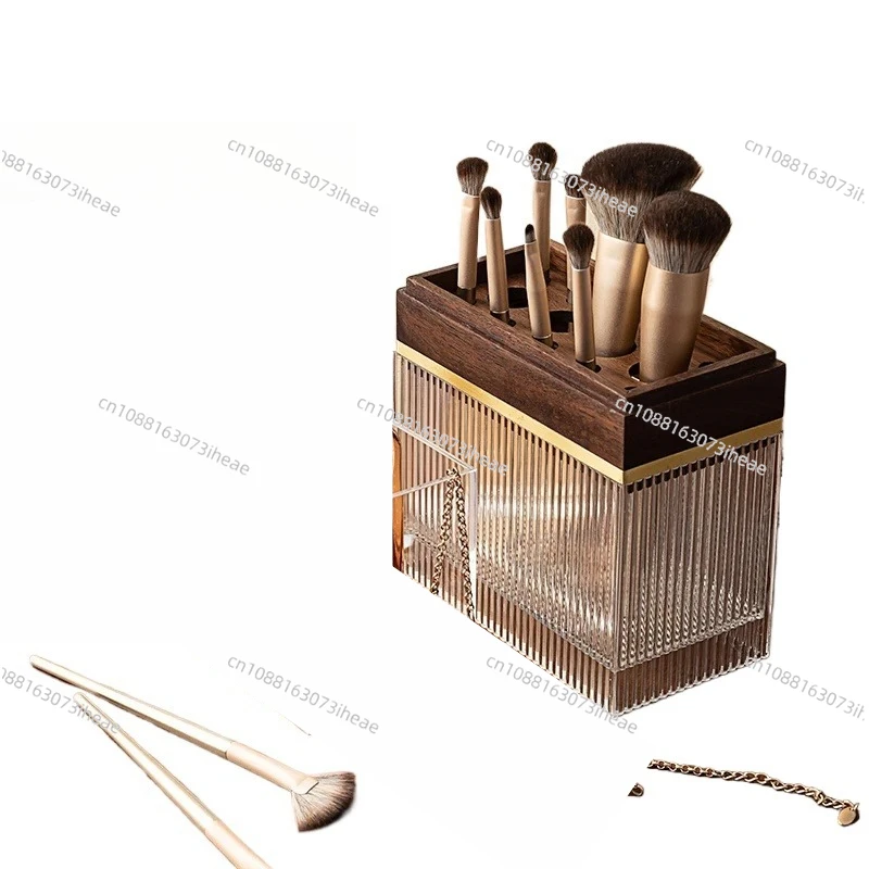Black walnut makeup brush desktop storage box, eyebrow pencil storage bucket, dust-proof cosmetic storage bucket with lid
