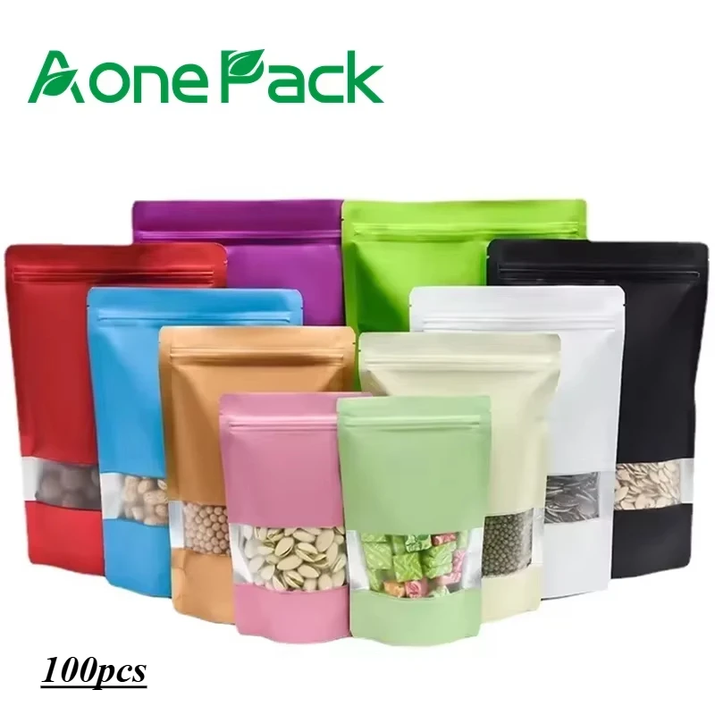 100szt Niestandardowa srebrno-złota przezroczysta nakrętka Przekąska Popcorn Stand Up Aluminiowa folia Zip Lock Pouch Zamykana termozgrzewalna plastikowa torba okienna