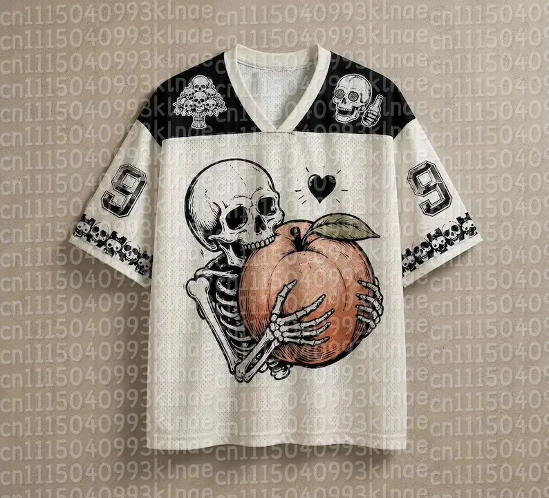 Skeleton Peach Family Matching Outfits Horror Skull Graphic Jersey White Black Retro Grunge Parent-Child T-Shirt Y2K Gothic