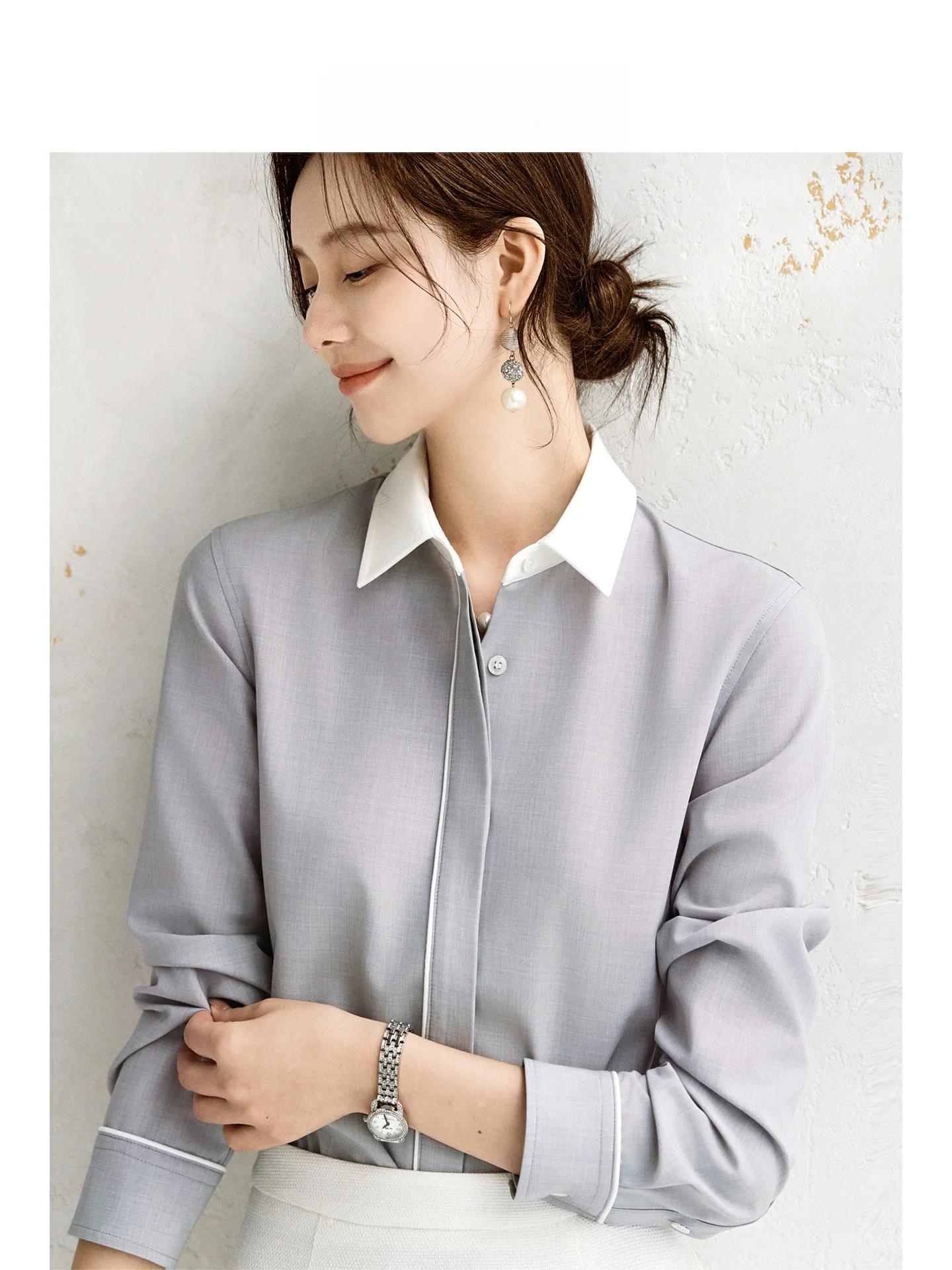 

Offiy Career Women's Slim Fit irt Contrast Color Subtle ey Ele Sle Long Sve Polyester Blend Breathable Spring New