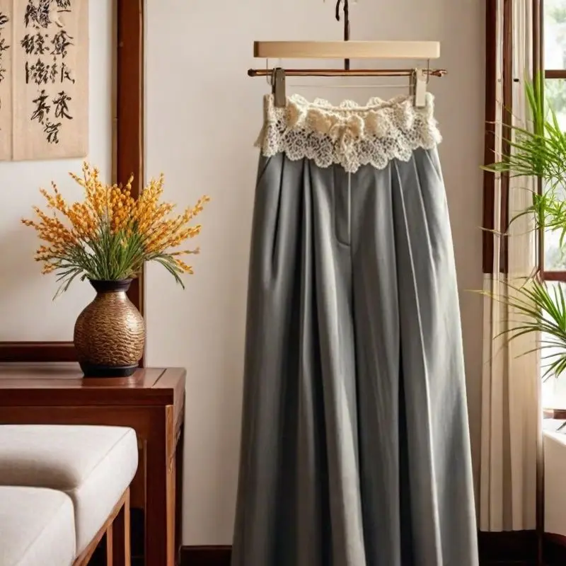 Gray lace high-waisted sports wide-leg straight-leg pants children's new spring small wear women y2k pants