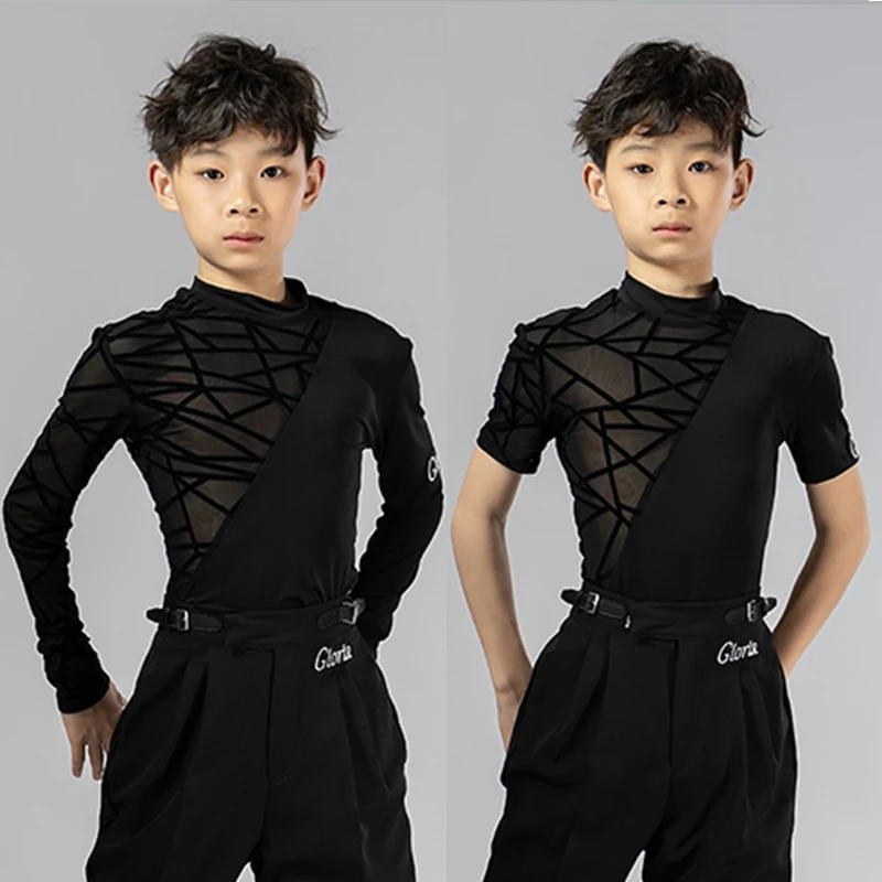 Boy's Latin Dance Costumes Childrens High Neck Long Sleeve Tops Ballroom Cha Cha Dance Training Clothes Black Shirt Pants XH1939