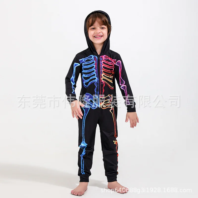 Women Men Hooded Pajamas Party Onesies Family Matching Outfit Halloween Girls Boys Black Skeleton Print Sleepwear Costume