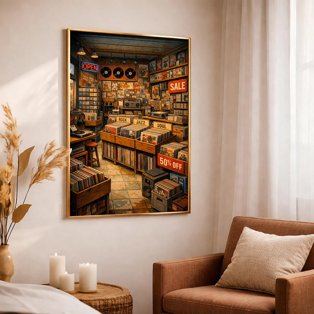Vintage Record Store Canvas Poster, Retro Vinyl Shop Wall Art, Music Room Decor, Jazz Rock Soul Print, Music Lover Gift