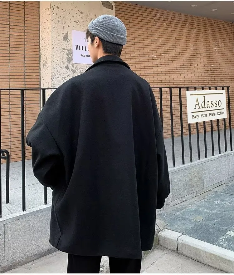 Black woolen coat for men, mid to long length outfit, autumn and winter styles, high-end casual windbreaker