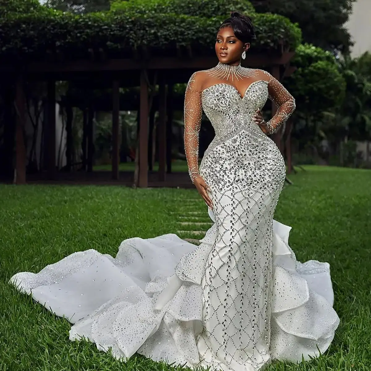 

Свадебное платье-русалка класса люкс с высоким воротником, инкрустированное блестящими кристаллами и бисером, с длинными рукавами, больших размеров, на заказ