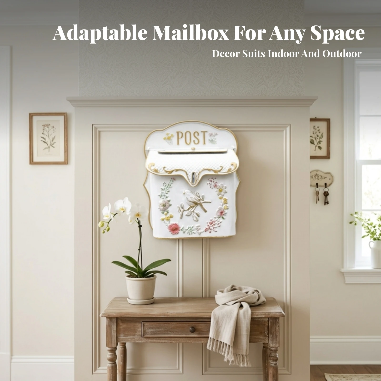 Vintage Post Box Metal Wall-Mounted Post Box Hinged Lid Embossed Floral Bird Mailbox for Indoor Display