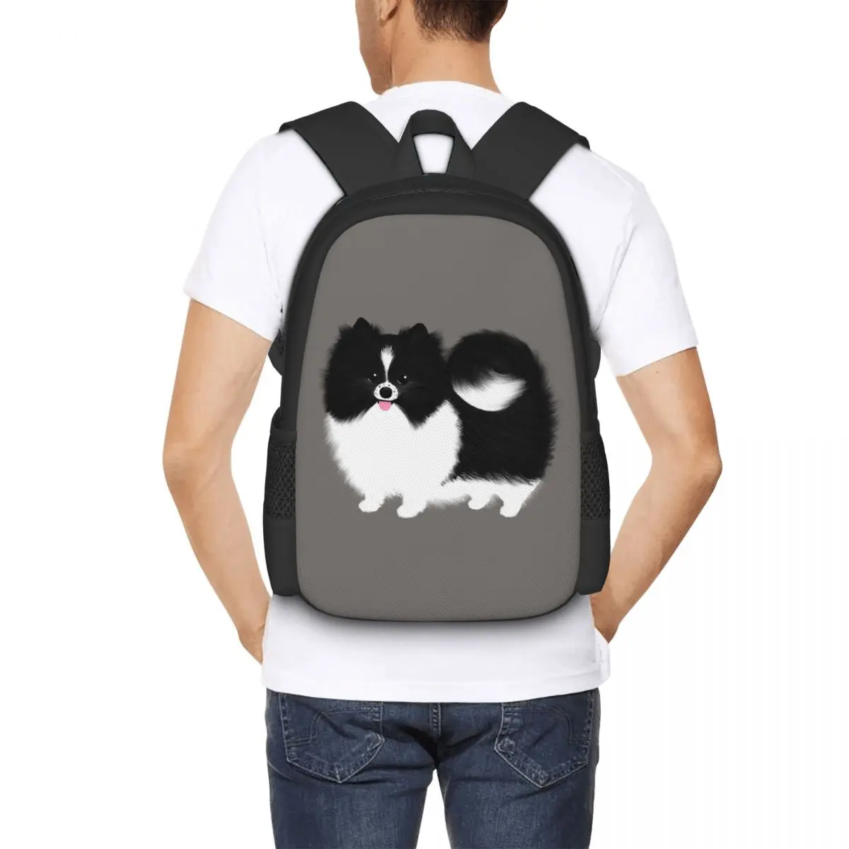 

Black And White Parti Pomeranian Fluffy Dog Student Backpack School Bag Hiking Travel Daypack for Fashion Bookbag Shoulder Bags