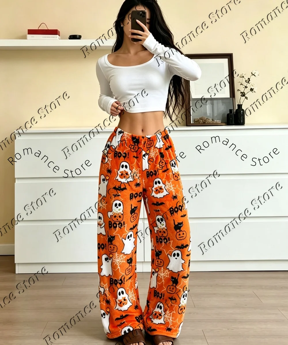 New Women Flannel Halloween Lounge Pants Cute Ghost Pumpkin Bat Cat Elastic Warm Loose Casual Home Autumn Winter Bottom Trousers