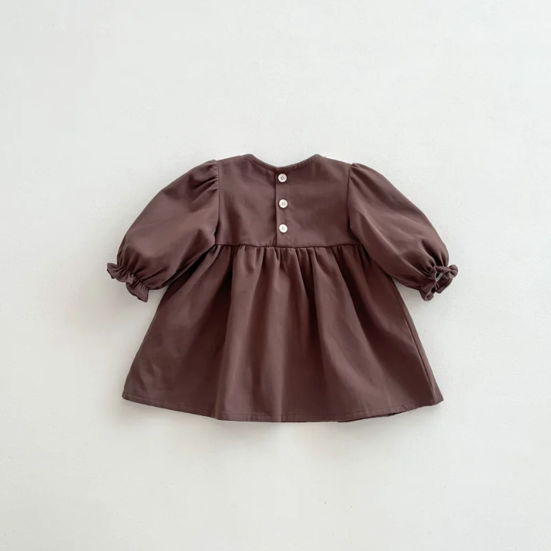 Korean Style Spring Autumn Baby Girl Dress Khaki/Coffee Patchwork Turn-down Collar Retro Princess Dresses Infant Clothes E494Z