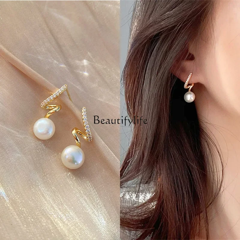 New S925 silver South Korea Dongdaemun niche twisted diamond-encrusted pearl earrings simple versatile earrings women