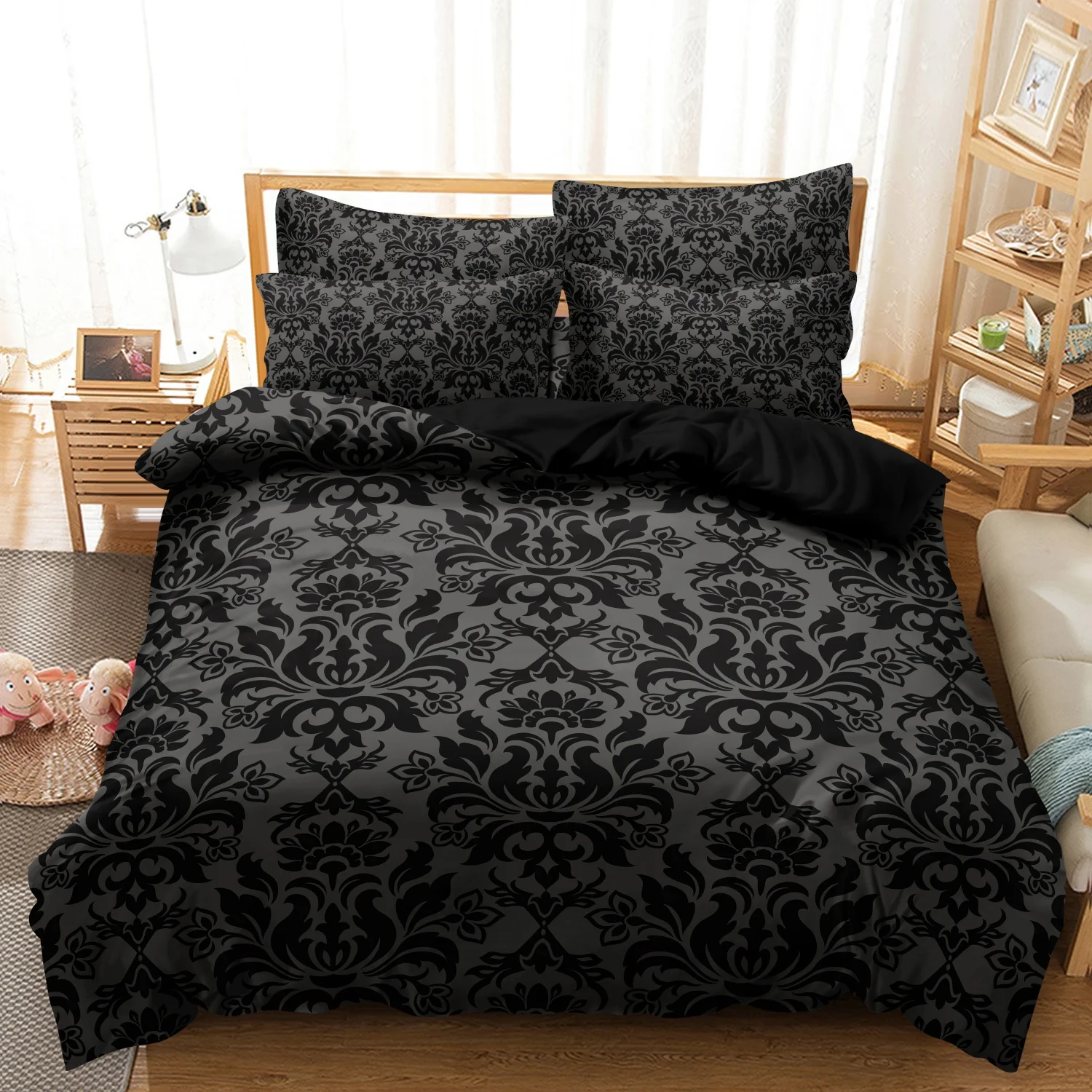 3Pcs Black Grey Textured Print Duvet Cover Bedding Set Included 1 Duvet Cover & 2 Pillowcases For Bedroom Guest Room Dorm Decor