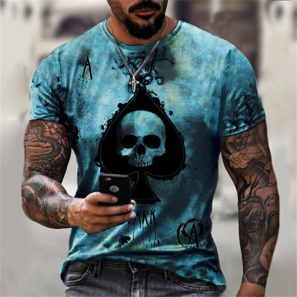 2024 Summer Anime Men\'s T-shirts Street Punk Poker Ace of Spades Clothes 3D Printing Street Fashion Oversize Short-Sleeved Shirt