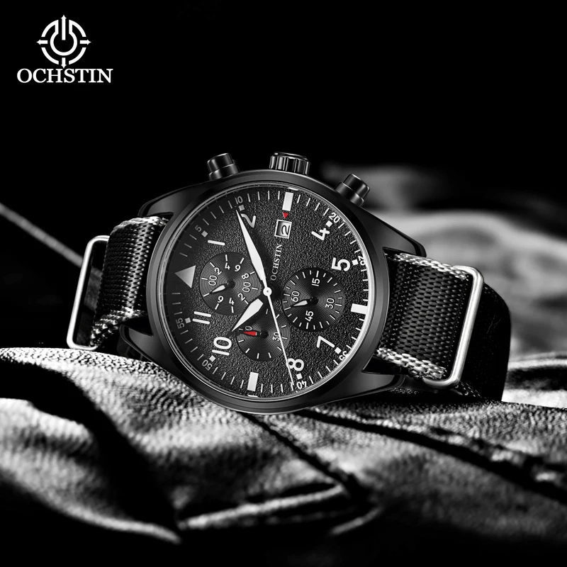 OCHSTIN Men Original Multifunction Quartz Movement Wristwatch Male Premium Nylon Strap Waterproof Luminous Hand Claendar Clock