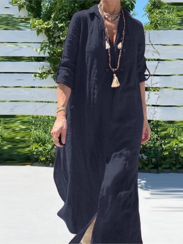 여성 드레스 봄 여름 V 넥 긴 소매 비치 셔츠 드레스 캐주얼 느슨한 우아한 사무실 솔리드 드레스 가운 Femme Vestidos