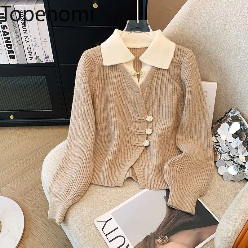 Topenomi Knitted Cardigan Women Autumn Winter Fake Two Patchwork Button Chic Sweater Solid Fashion Versatile Long Sleeve Jumper