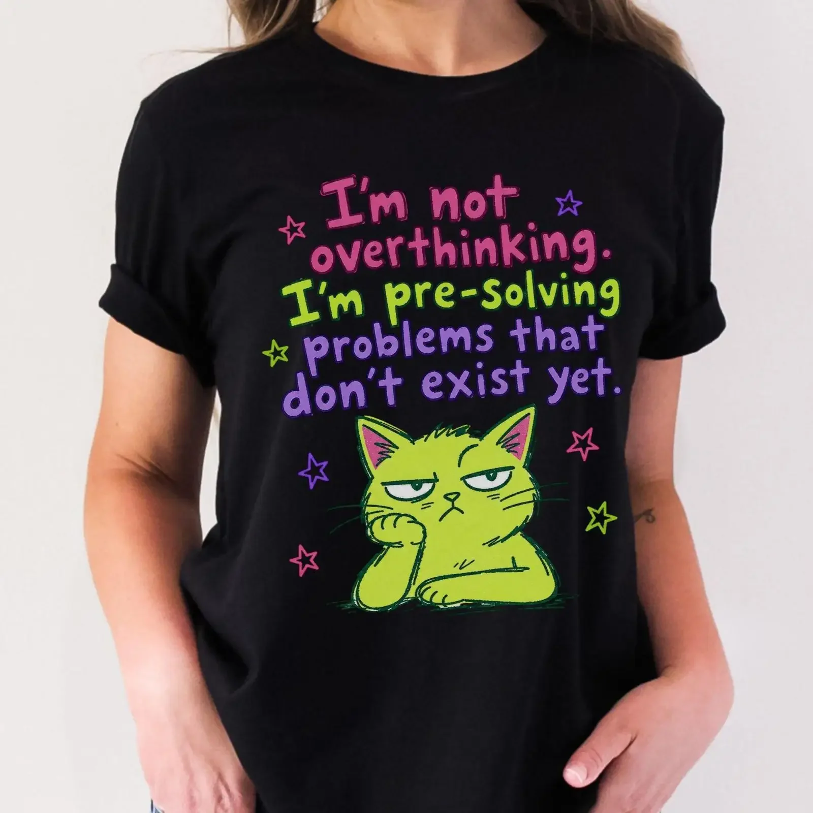 Funny Overthinking CaT T Shirt I'm Not Pre Solving Problems Lover Introvert vintage Washed Slightly Top For Everyday Wear