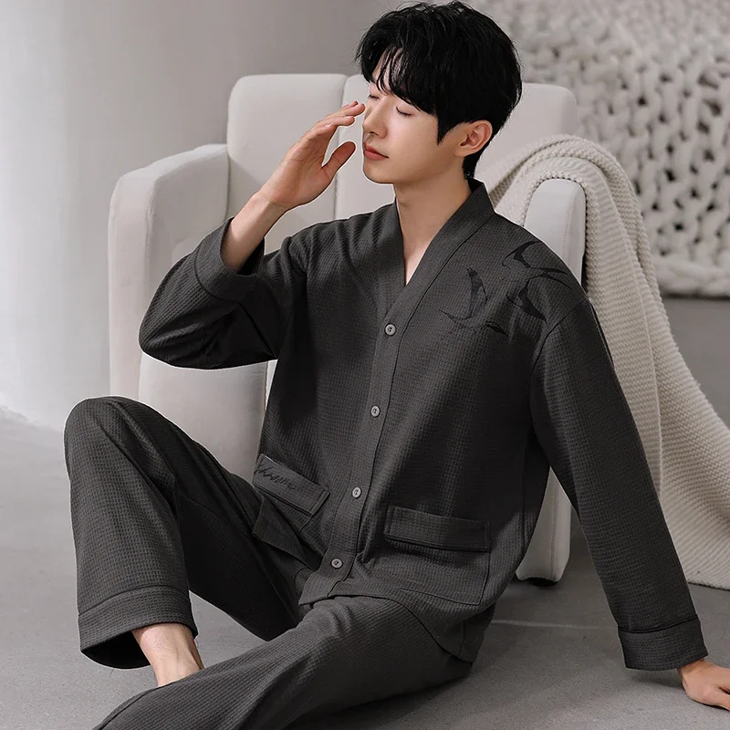 Waffle Pajamas Men's Spring and Autumn 2025 Bew long sleeve Cardigan set boys teen plus 5XL size Kimono Cotton lounge set Hombre