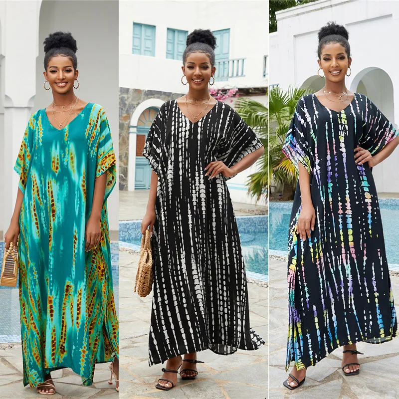 ชุดคลุมชุดว่ายน้ำชุดเดรสชายหาดผู้หญิงคาฟตันลายทางสไตล์หลวมชุดเดรสแม็กซี่ลายทางสไตล์ caftan Loungewear 11สี