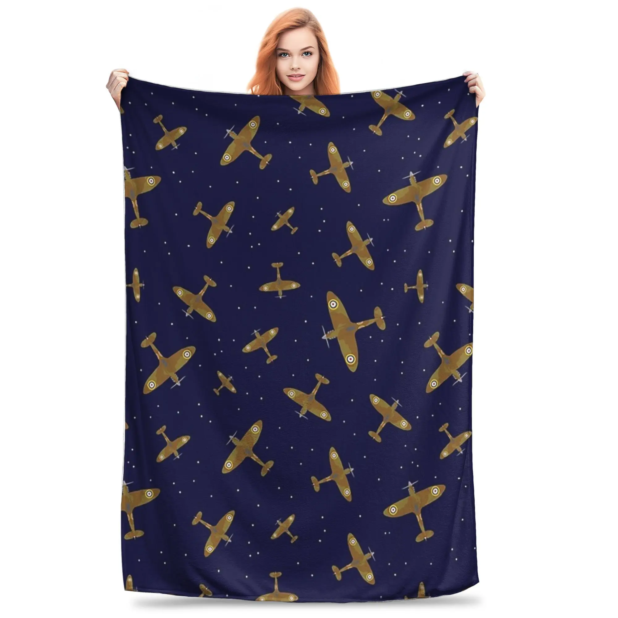 Spitfire War Planes in Flight on Navy Blue Blanket Soft Warm Flannel Throw Blanket Cover for Bed Living room Picnic Travel Home