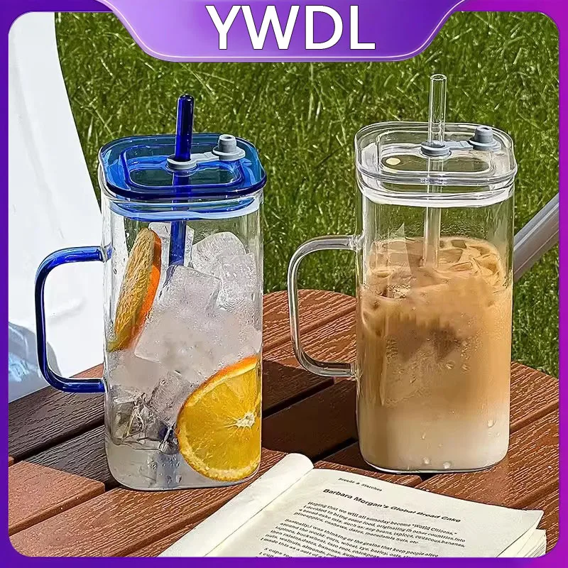 Vaso de vidrio YWDL de 350 ml con tapa y pajita, taza con asa para café helado, taza para beber jugo, leche y té