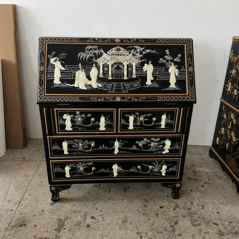 Shell Craft Inlaid Flip Folding Secretary Cabinet Four Drawer Locker PU Leather Bright Baking Paint Finish Storage Furniture
