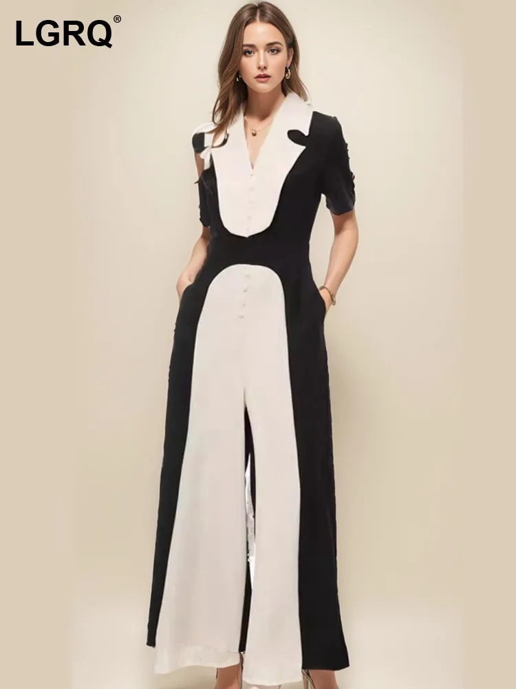 

LGRQ Women's Jumpsuit Contrast Color Fashion Single Breasted Lapel Short Sleeves High Waist 2024 New Spring Clothing 19ZZ216