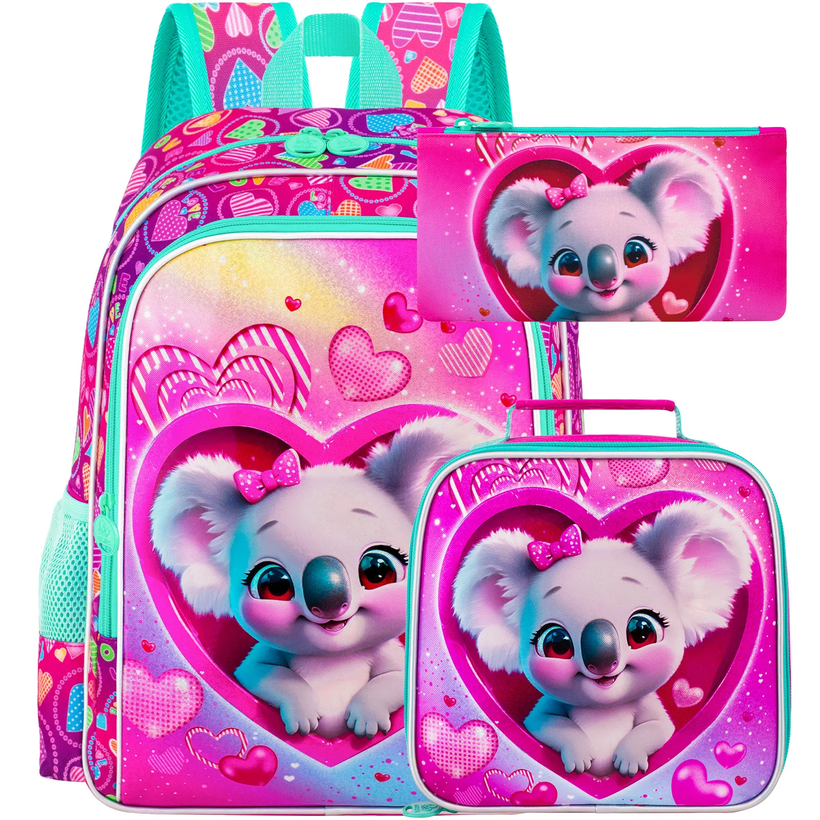 3PCS Kid's Backpack for Girls, Cute Koala with Bow Heart Candy Cartoon School Bag Set with Handbag and Pen Pouch, Zipper Closure