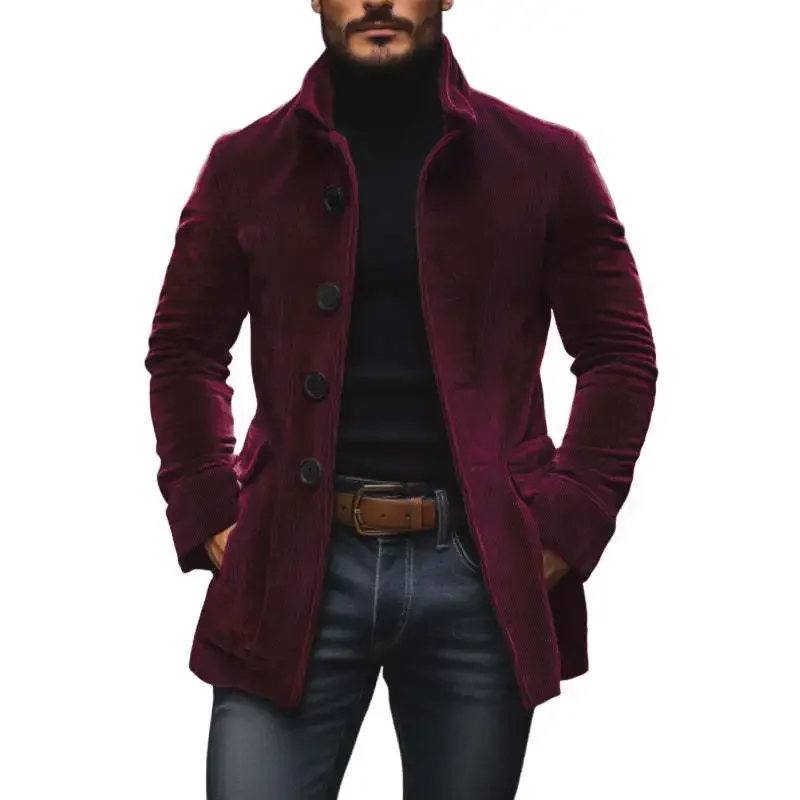 Men's Stand Collar Jackets Casual Single Button Breasted Long Sleeve Pocket Thicken Workwear Cardigan Coats Spring Autumn