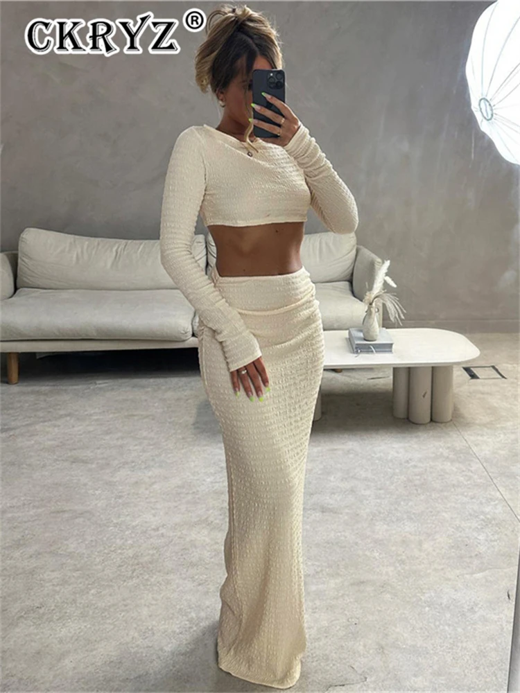 Ladies Autumn 2 Pieces Long Sleeve Crop Top And Maxi Skirt Set For Women Ruched Fashion Birthday Party Club Wear Y2K Fall Outfit