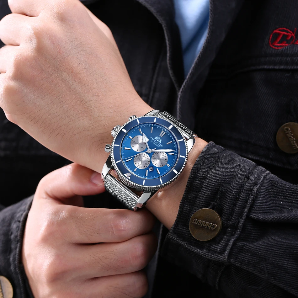 Men Automatic Self Wind Mechanical Net Stainless Steel Black Blue Leather Super Heritage Big Face 46mm Ocean Watch