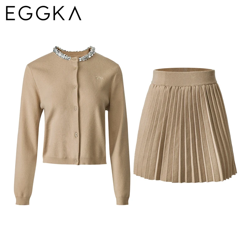 EGGKA Autumn Knitted Two Piece Set Women Embroidery Design Knit Cardigan + Elegant Pleated Skirt Korean Fashion Knit Suits 2024