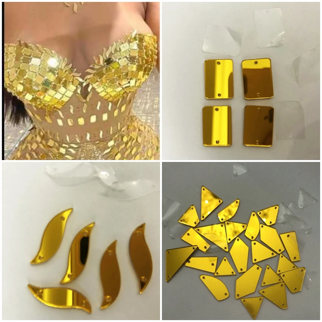 Yellow Golden Chanmpagne Clean Mirror Sewing Clothes Loose Beads Rhinestones For Sew on Dance Party Carnival Dress Accessories