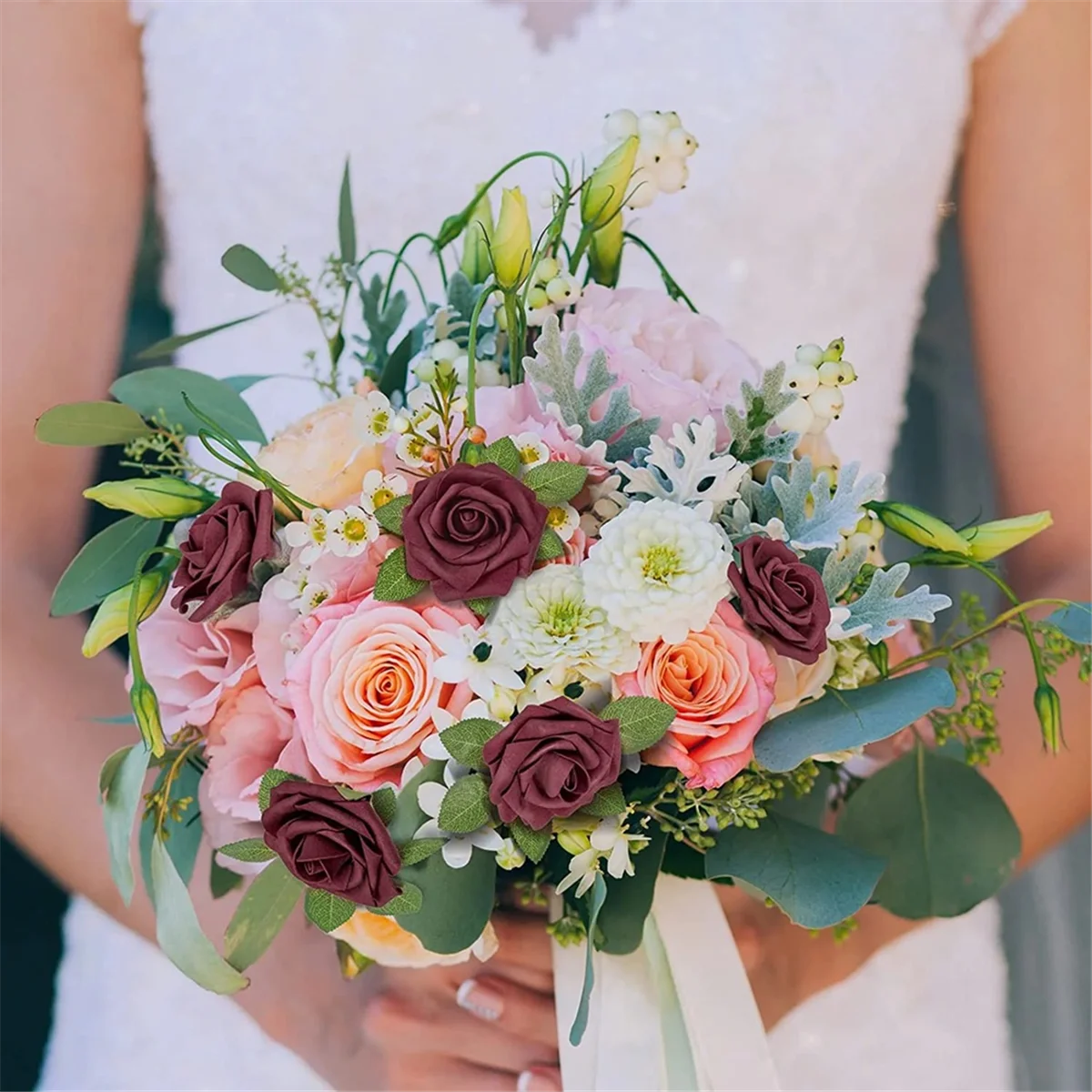 ABJS 25PCS Artificial Roses Flowers Artificial Looking Roses Wedding Bouquets Centerpieces Bridal Shower Party Home Decor,E