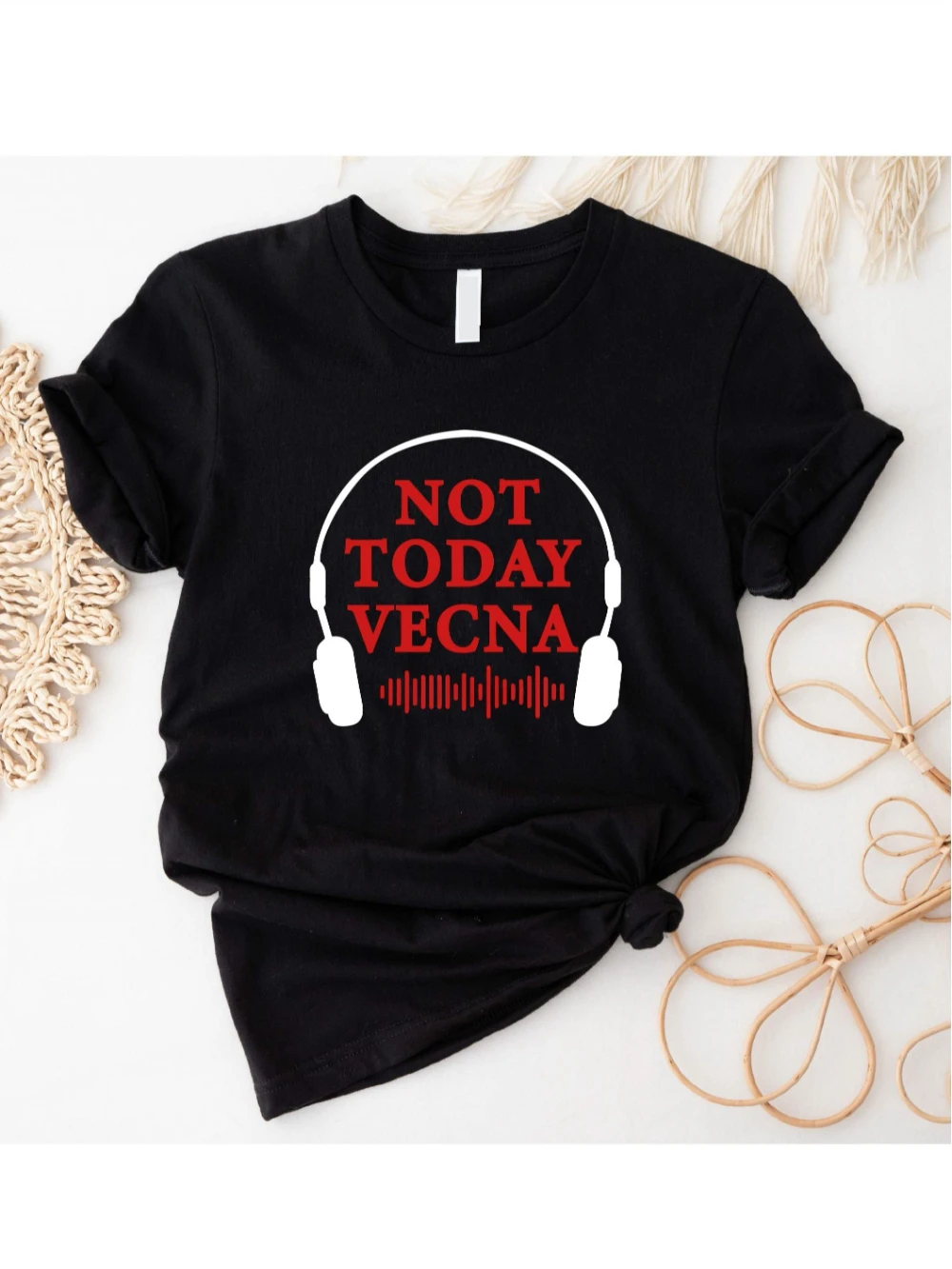 Not Today Vecna ​​Headphone Graphic T-Shirt Stylish black rolled-up sleeve  with striking red lettering and sound wave design