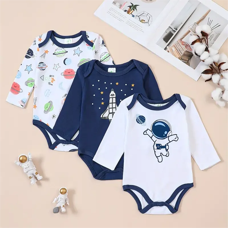 3PCS Spring/Summer New Baby Cotton jumpsuit Fashionable and Cute Cartoon Universe Series Set for Boys Girls with Long Sleeves