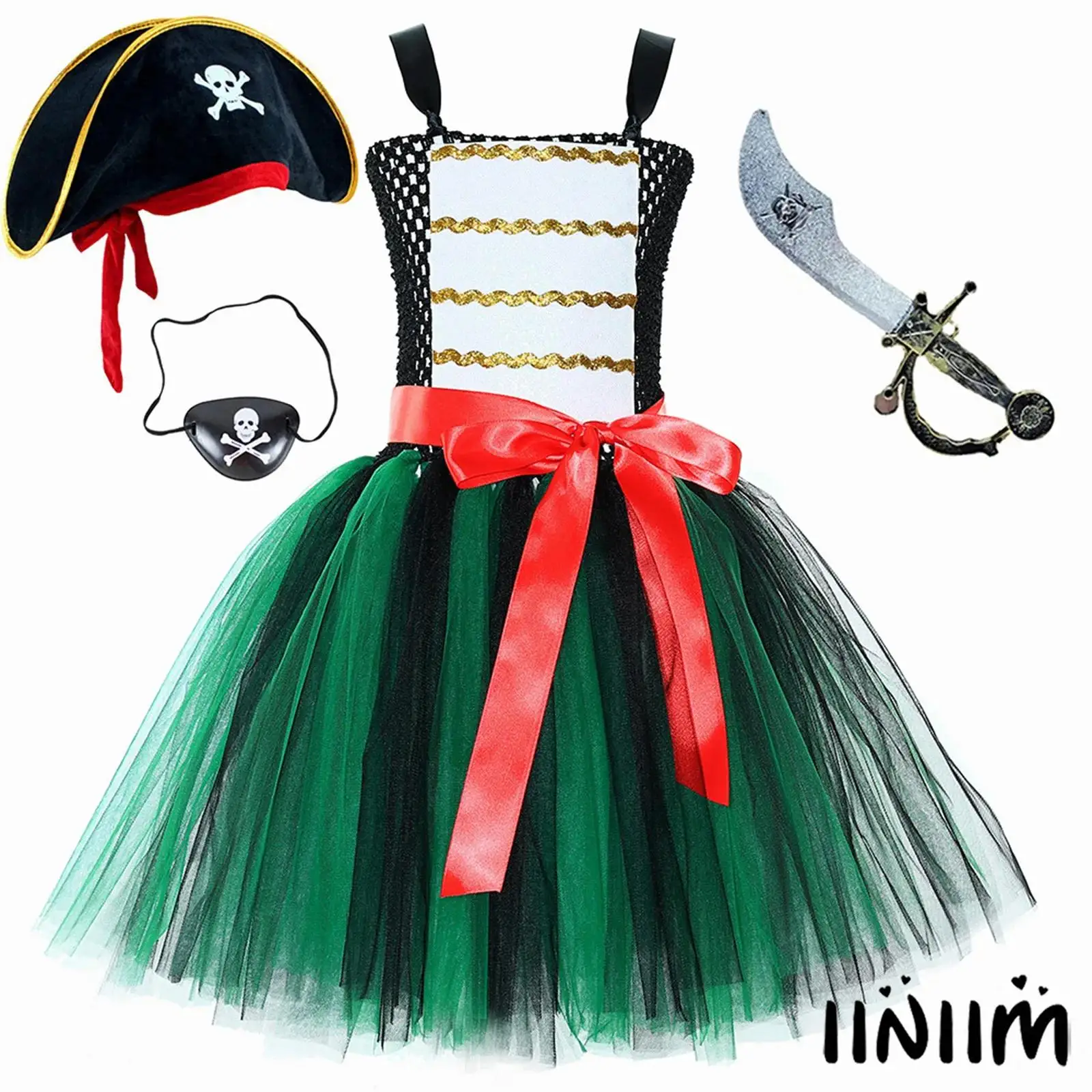 

Girls 4Pcs Pirate Costume Halloween Dress Up Puffy Mesh Dress with Matched Skull Print Hat Eye Mask And Knife Toy for Role Play