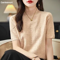 2024 Summer Women's Sweater Short Sleeve Pullover T-shirt Pure Wool Knitwear Half High Neck Loose Versatile Slim Fit Fashion Top