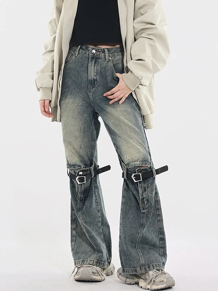 High Waist Belt Casual Loose Woman Eans Slim Ins Fashion Street Pants Female Chicly American Retro Distressed Women Jeans