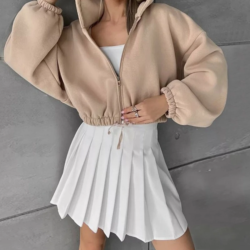 

Loose Sweatshirt Women's 2025 Short Waist Crop Hoodie Casual Zippered Long Sleeve Jacket