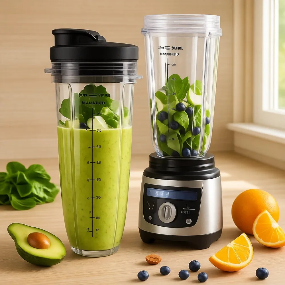 

Набор из 2-х стаканов для блендера объемом 32 унции с герметичными крышками для протеиновых коктейлей и ежедневных напитков, с поворотным механизмом открывания.