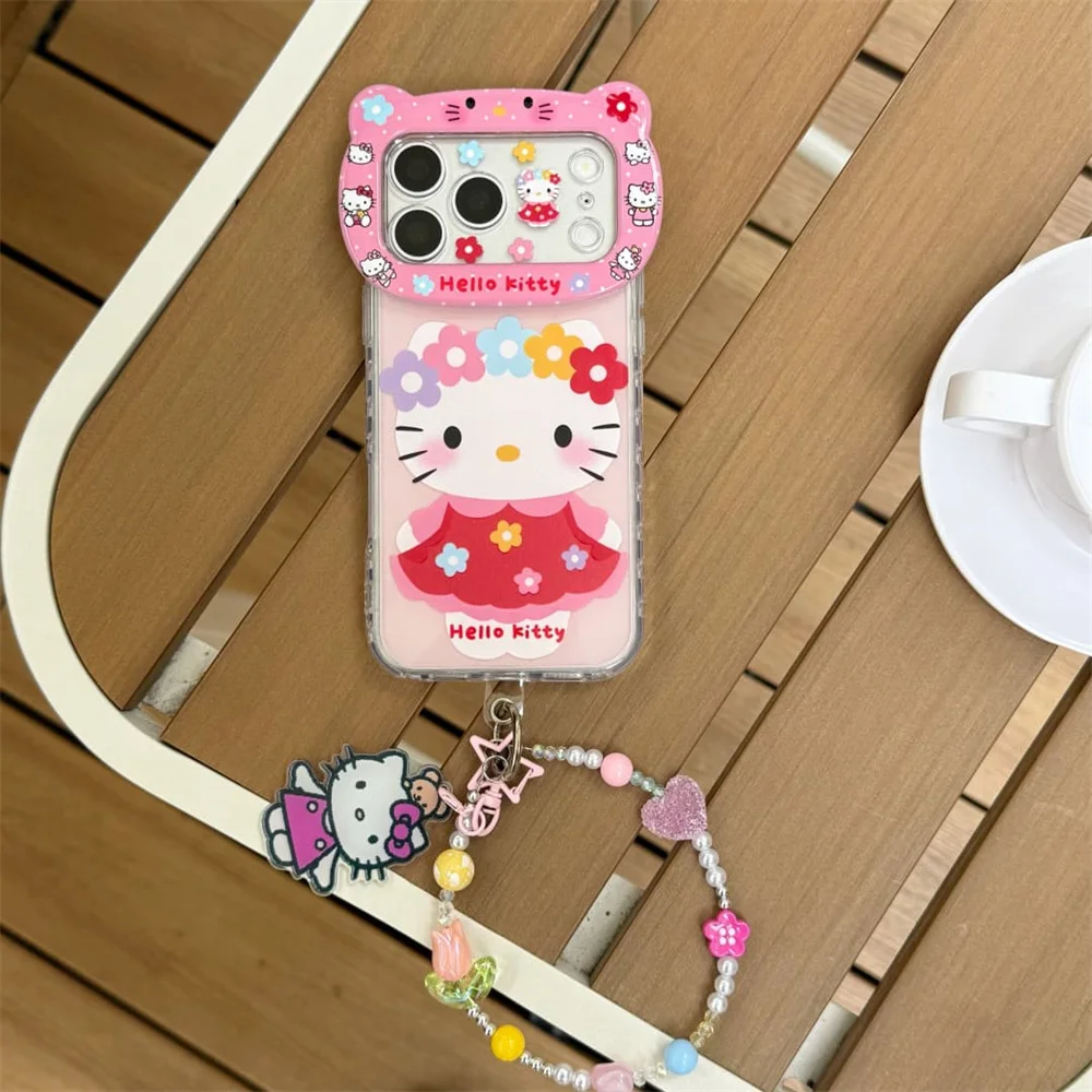 Cute Little Flowers HelloKitty 3D Bear Camera Phone Case for iPhone 17 Pro 15 14 13 16 17 16 Pro Max Cover With Chain Cases Capa view 2