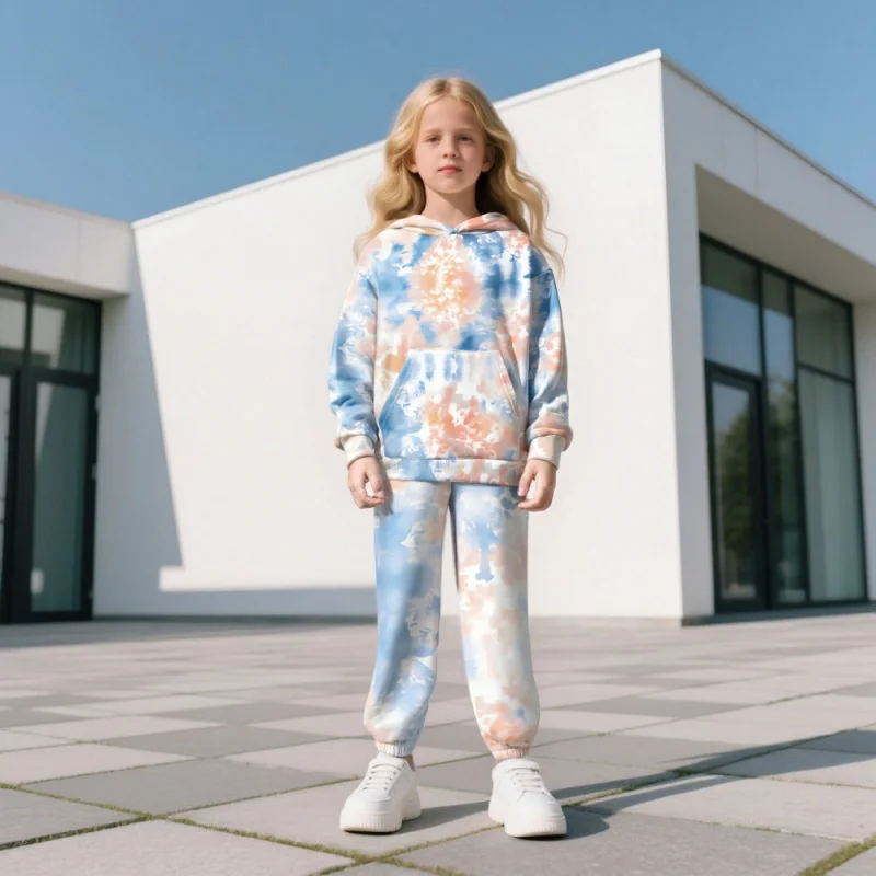 2026 Girls Tie-Dye Hooded Sweatshirt Set Gradient Casual Sports Two-Piece Outfit for Kids