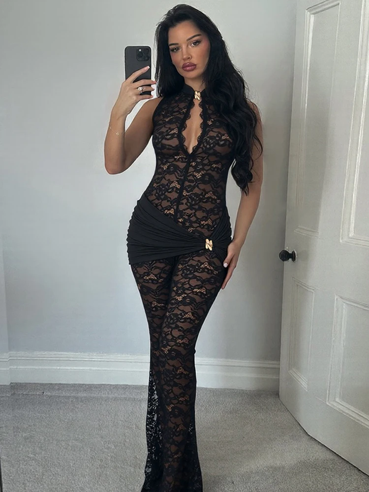 

Kliou сексуальные прозрачные длинные платья женские полые дизайн без рукавов сексуальные узкие с высокой талией уличная мода элегантные комбинезоны