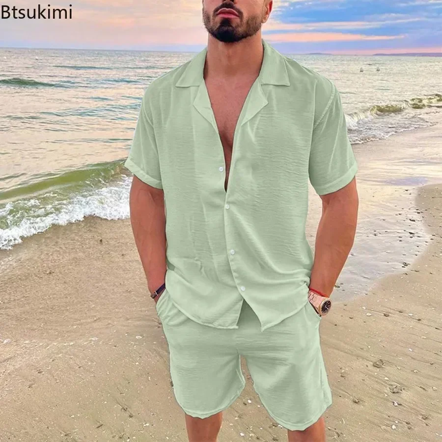 Nuevos conjuntos de lino y algodón de verano 2025 para hombre, conjuntos de camisas y pantalones cortos con solapa de manga sólido corto, conjuntos de ropa hawaiana para vacaciones en la playa para hombre