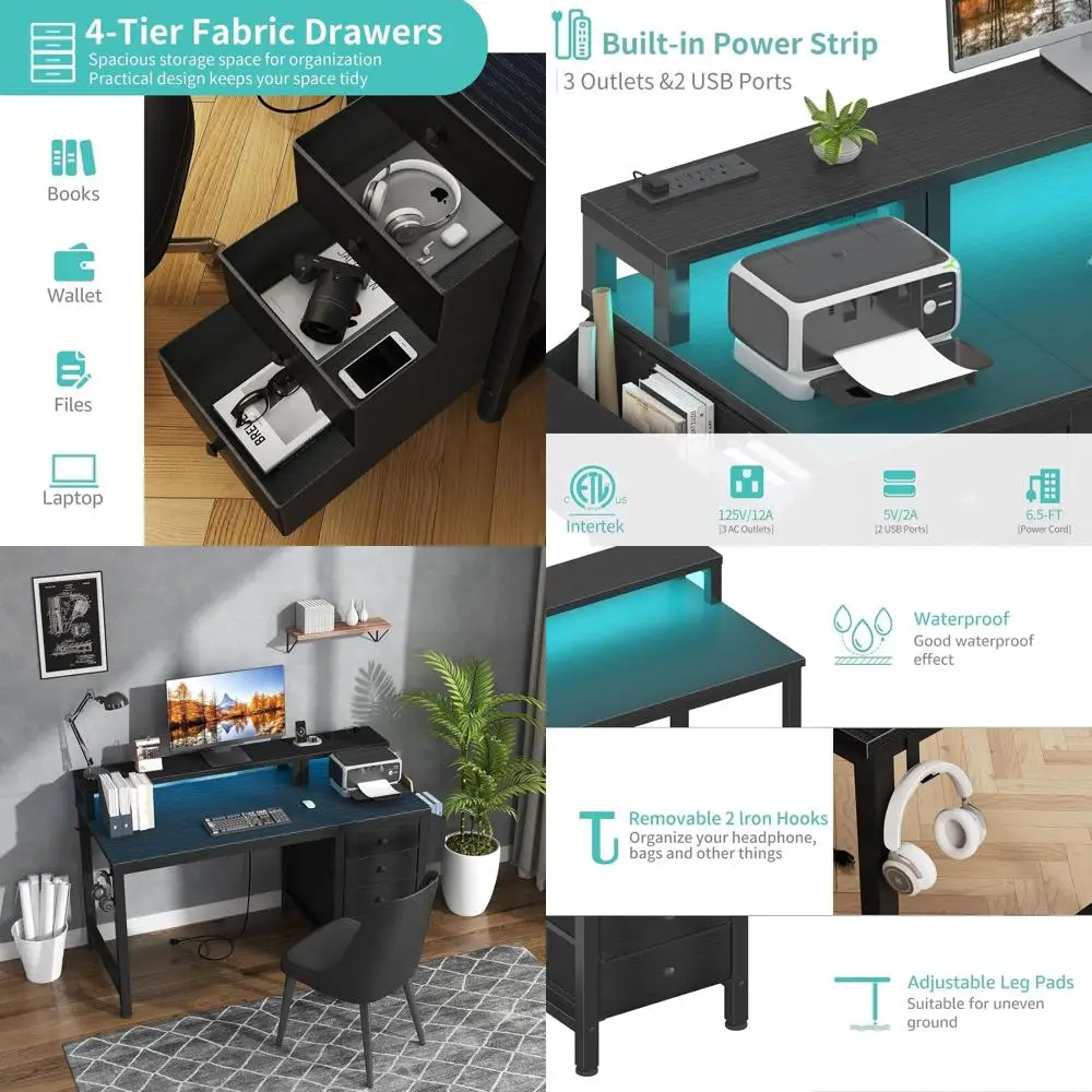 

Стол из ткани с LED-подсветкой, 47 дюймов, с розетками и подставкой для монитора, черный