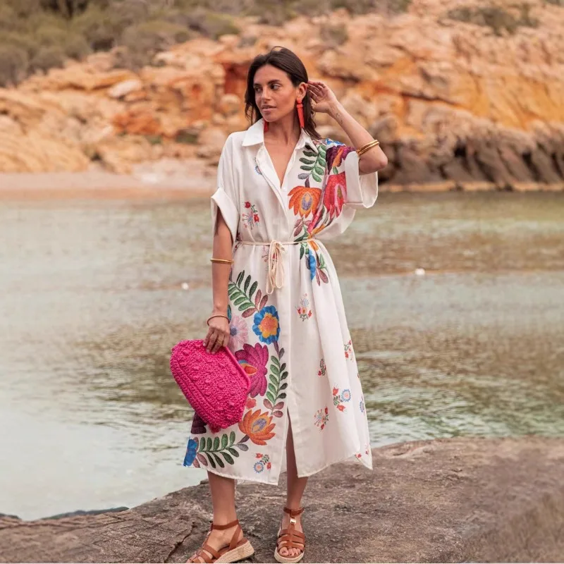

2025 European American Print Loose Beach Dress Vacation Robe