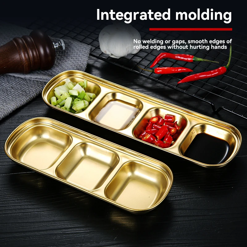 Goldene Edelstahl-Geschmackschale Hot Pot Gewürz Zwei Gitter Drei Gitter Saucenschale Western Restaurant Gewürz Dipping Dish