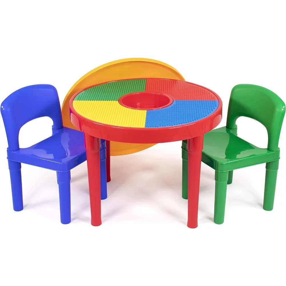 

Humble Crew, Red/Green/Blue Kids 2-in-1 Plastic Building Blocks-Compatible Activity Table and 2 Chairs Set, Round