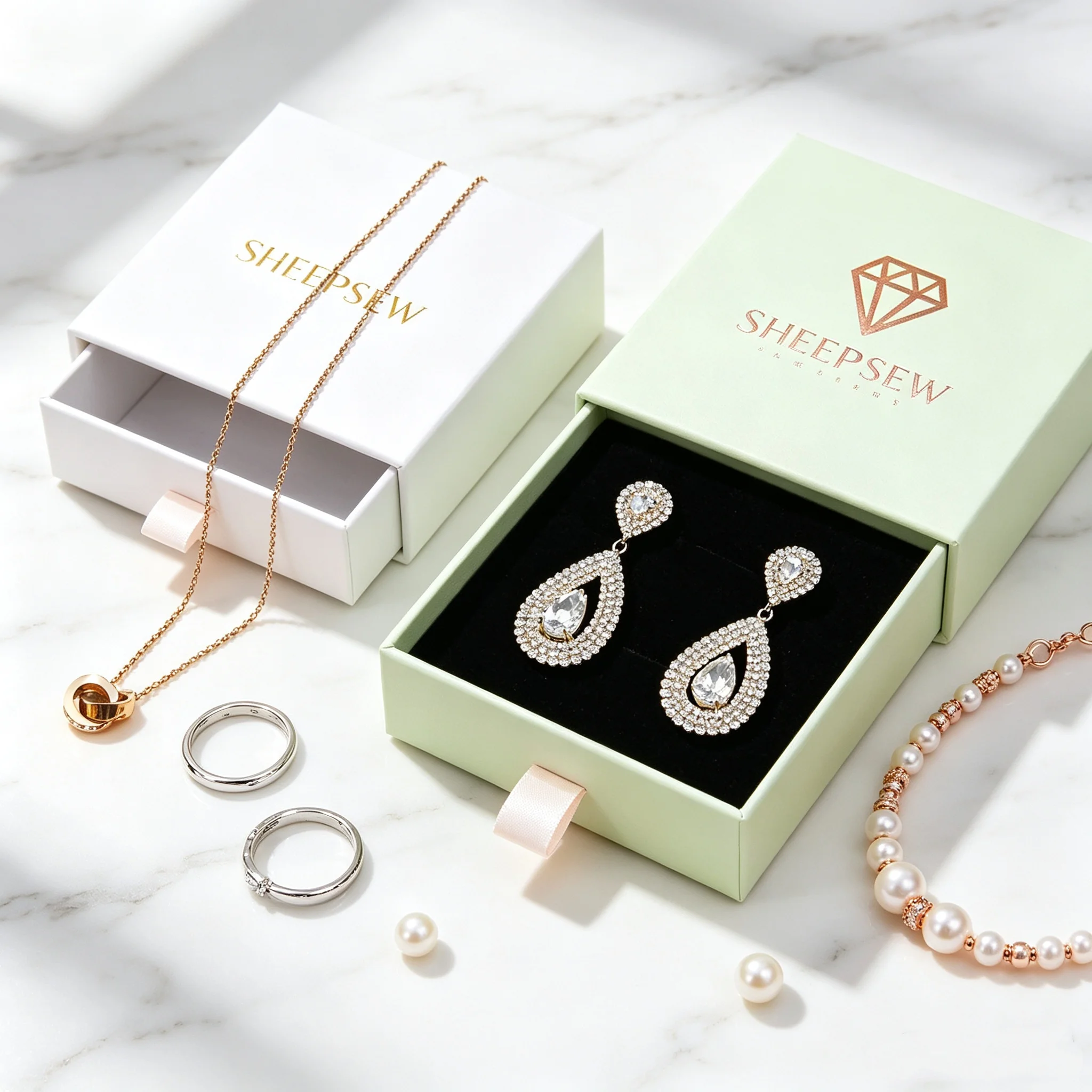 50pcs Sheepsew Custom logo Recyclable Jewelry Packaging Box Ring Earrings Pendant Luxury Gift Box Necklace Rigid Box